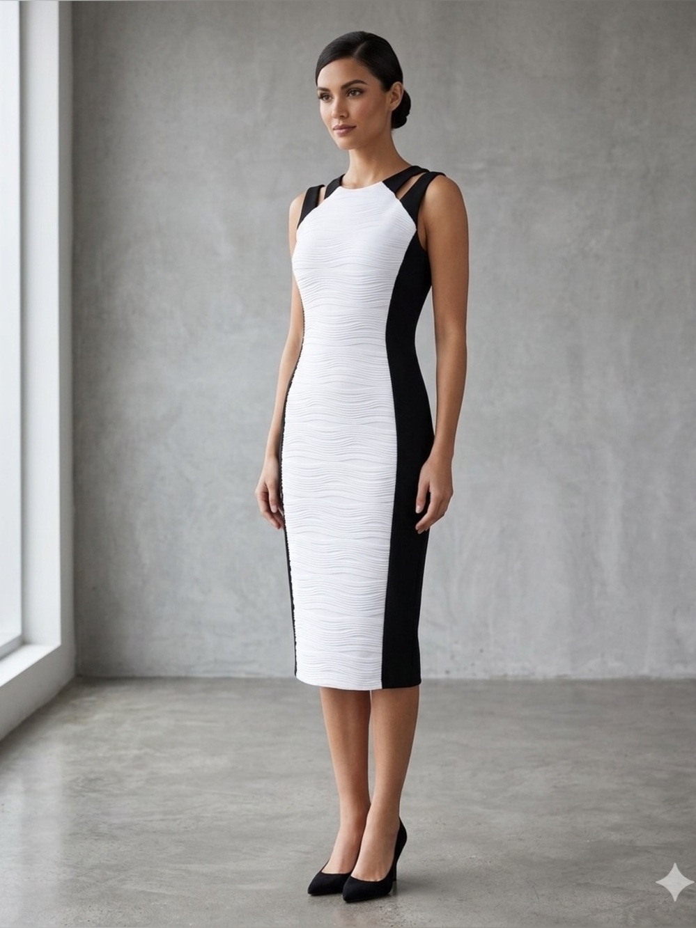 JOSEPH RIBKOFF Black & White Textured Midi Dress SIZE 14